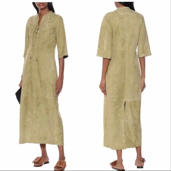 Dorothee Schumacher Velour Softness Leather Maxi Dress Size Small Green